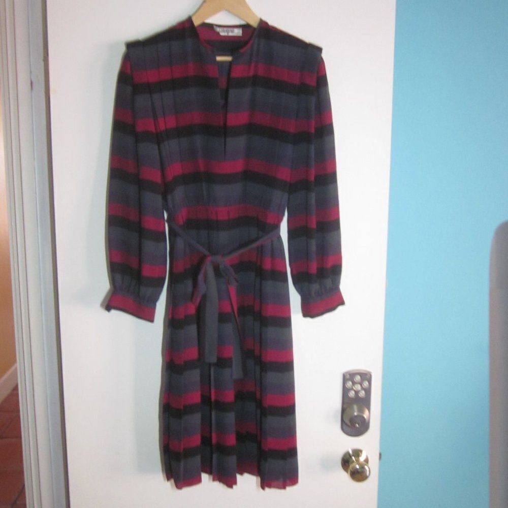 I Magnin Womens M (Size 40) Vintage Striped 80's Dress Long Sleeve Knee Length